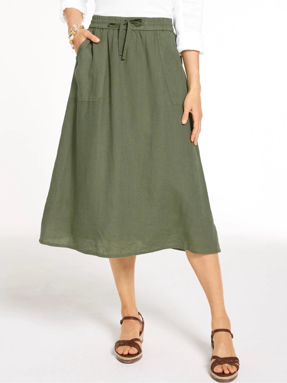 Talbots Linen Fit & Flare Olive Drawstring Midi Skirt — NWT